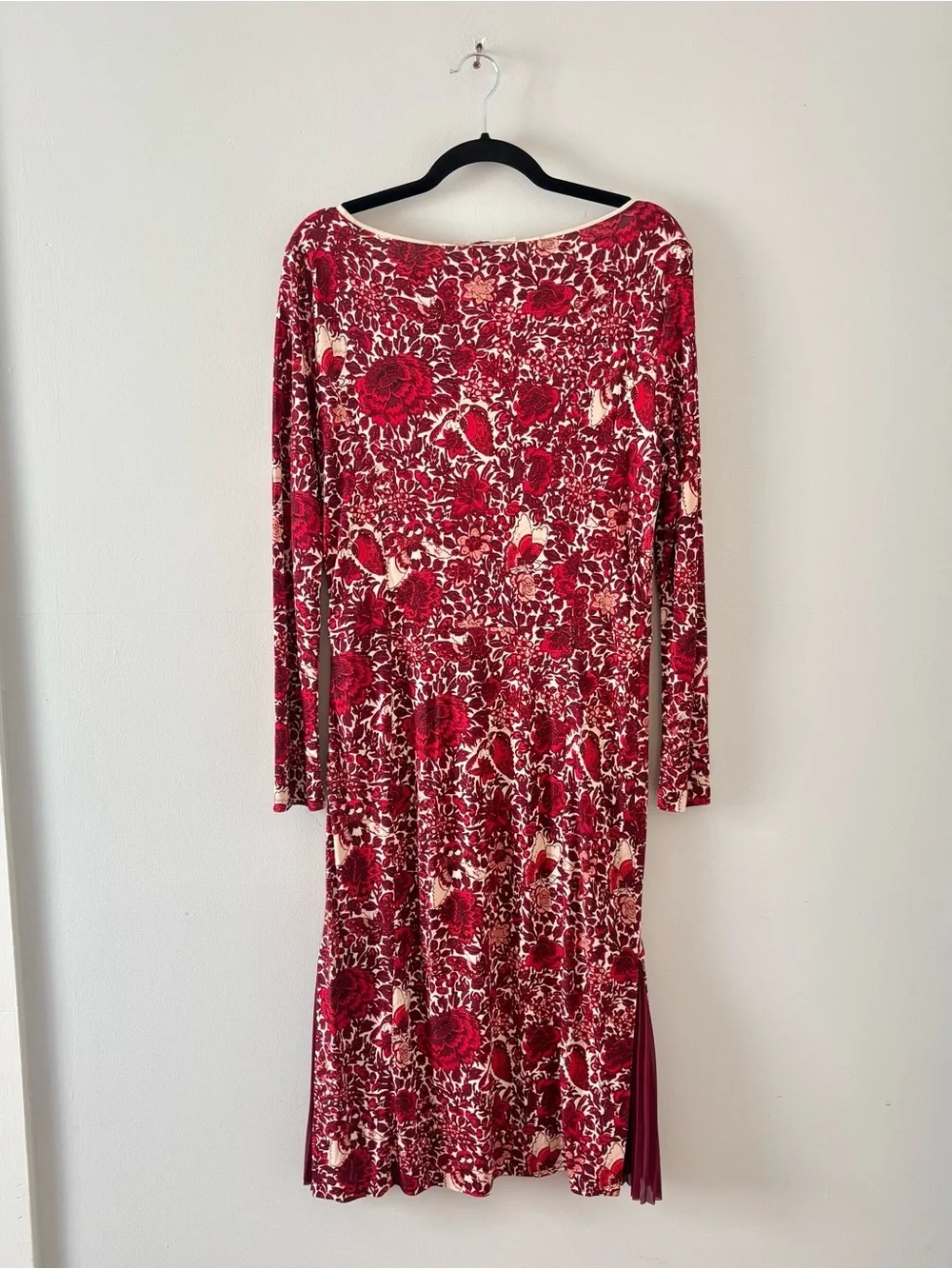 Tory Burch Ria Floral Print Midi Dress Boat Neck Long Sleeve Sheath Red